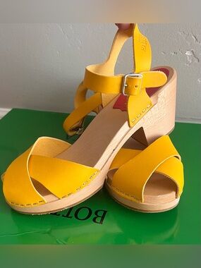 Swedish Hasbeens Yellow Leather Wedge Sandals